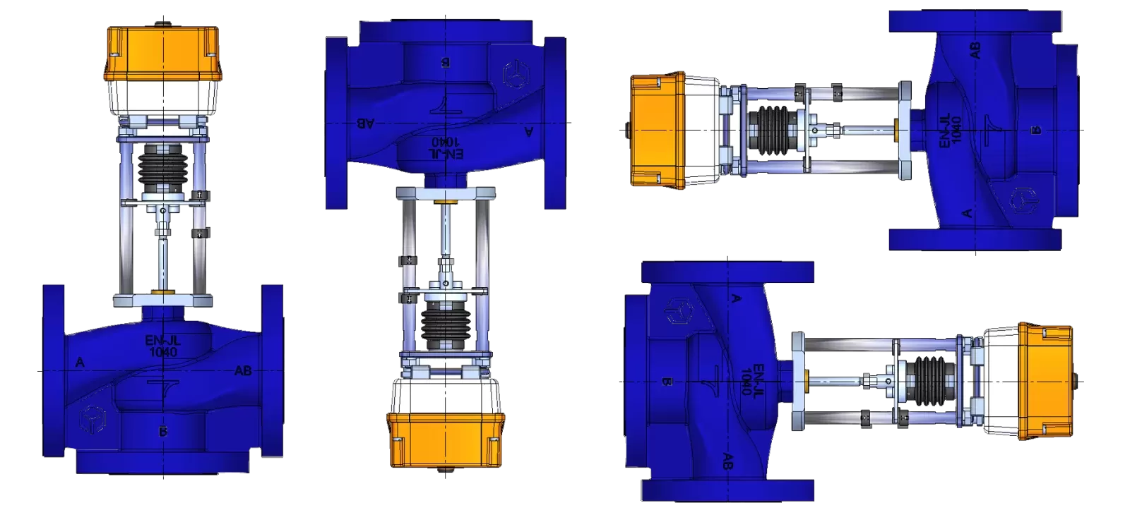 Монтажные положения трёхходового регулирующего клапана TRV-3 с электроприводом